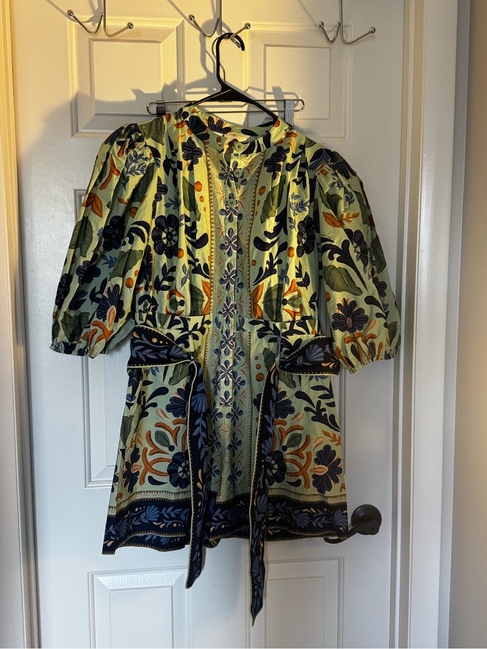Farm Rio Floral Embroidered Belted Tunic romper in Sage and Navy